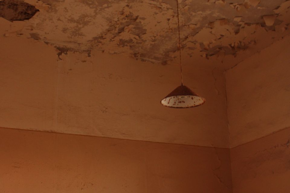 Water-stained ceiling corner with peeling paint