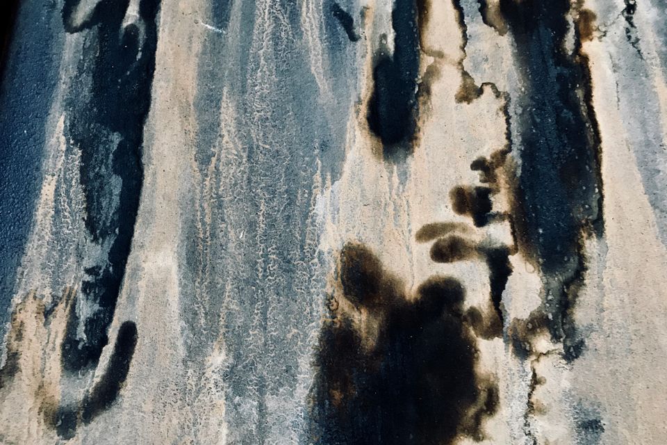 Mildew stains spreading across a damp wall