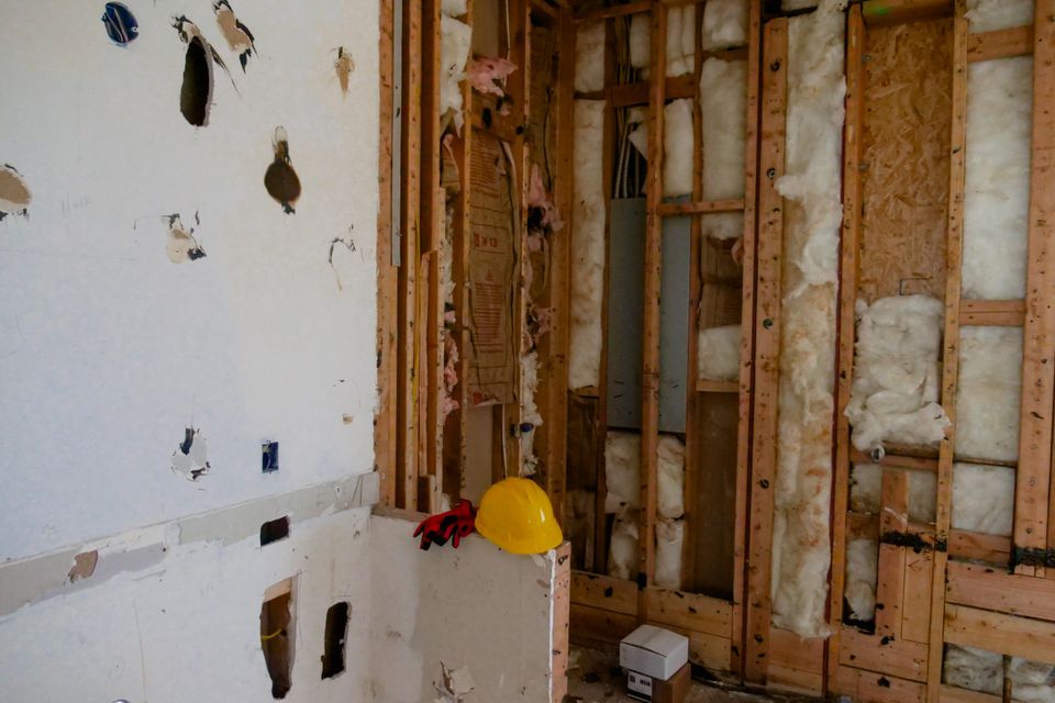 Room stripped to the studs during water damage repairs